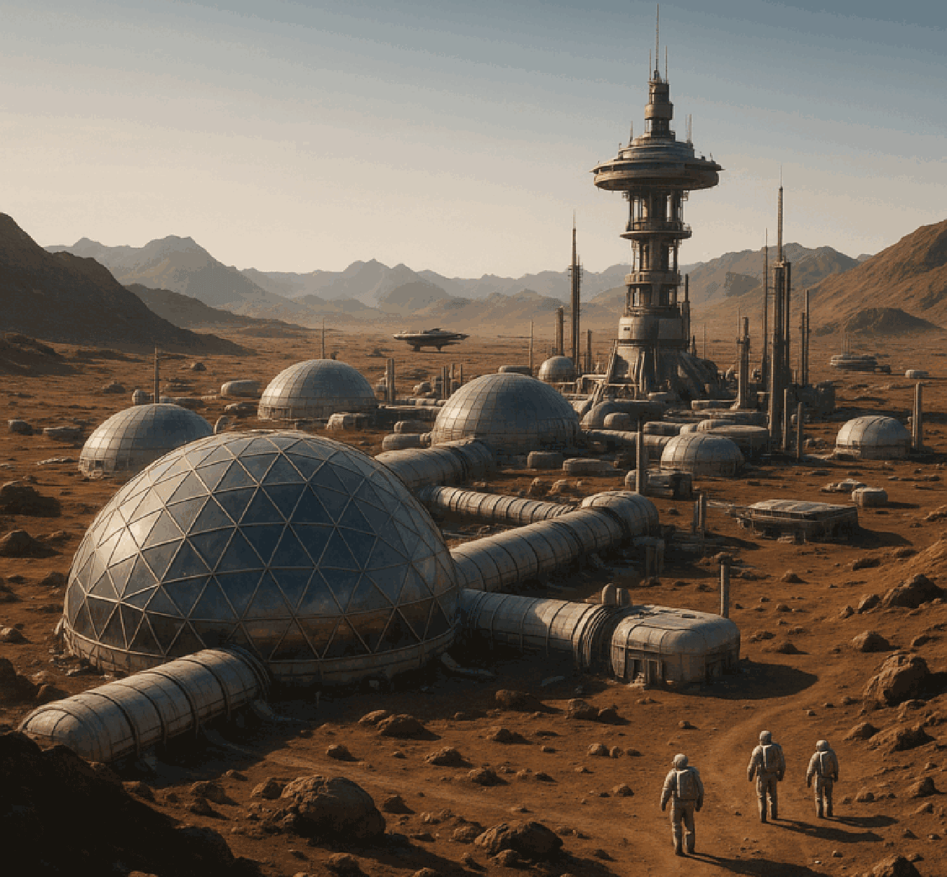 A futuristic space base and settlement on a planet