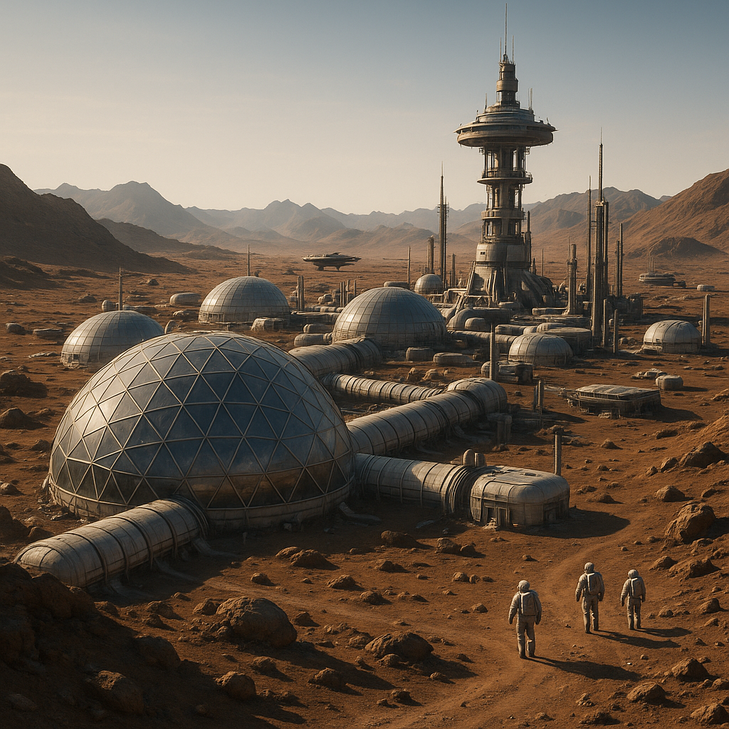 A futuristic space base and settlement on a planet