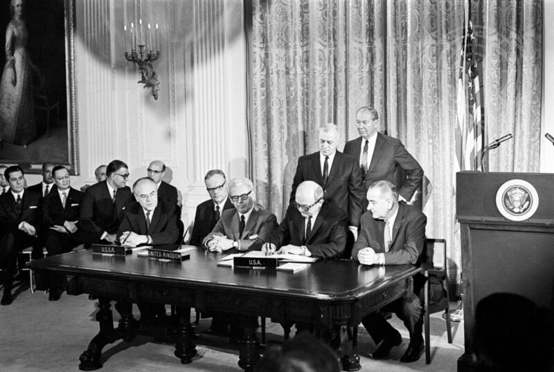Signing the outer space treaty by the first three participating countries: the USSR, Great Britain, and the USA