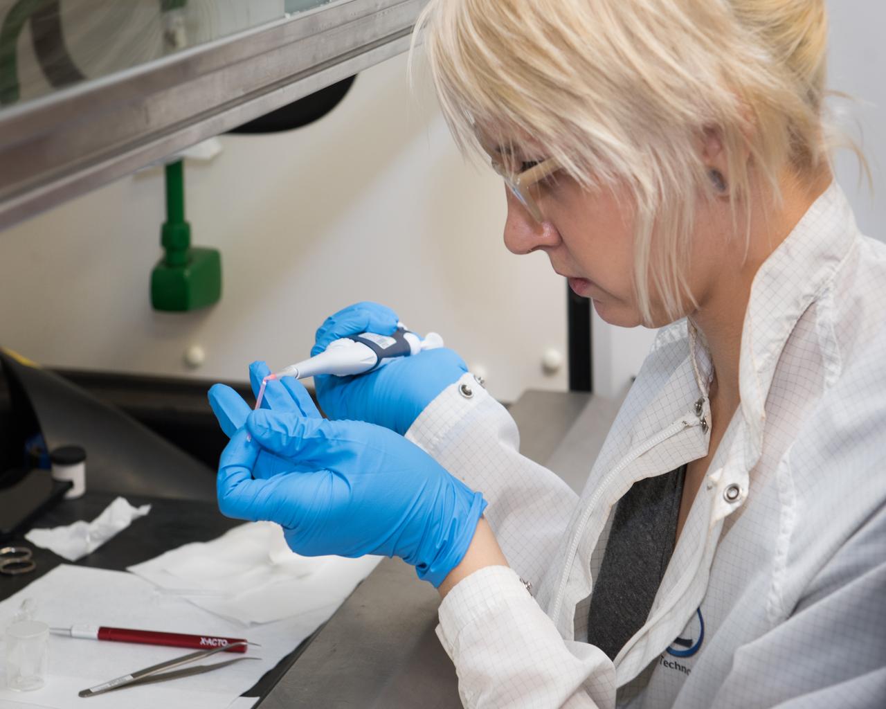 Scientist filling sample that will be used in ground-testing as NASA prepares for their experiment on the International Space Station (ISS).