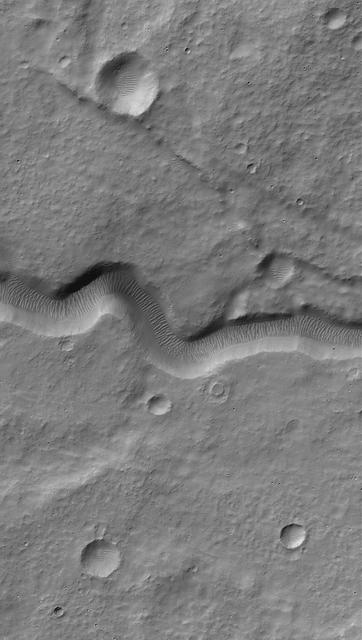 A narrow channel on the upper east flank of the Martian volcano Hadriaca Patera most likely formed as a lava tube, at which the thin roof later collapsed.