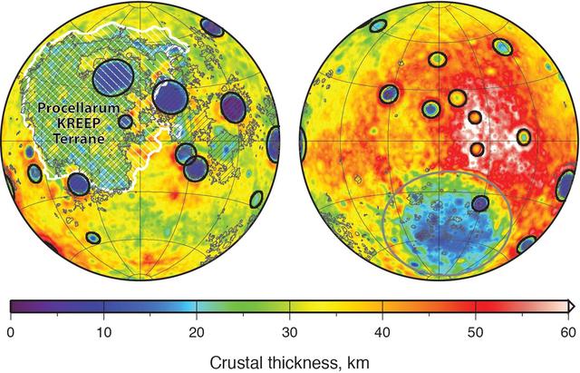 Map of crustal thickness of the Moon derived from gravity data obtained by NASA GRAIL spacecraft. The lunar near side is represented on the left hemisphere. The far side is represented in the right hemisphere.