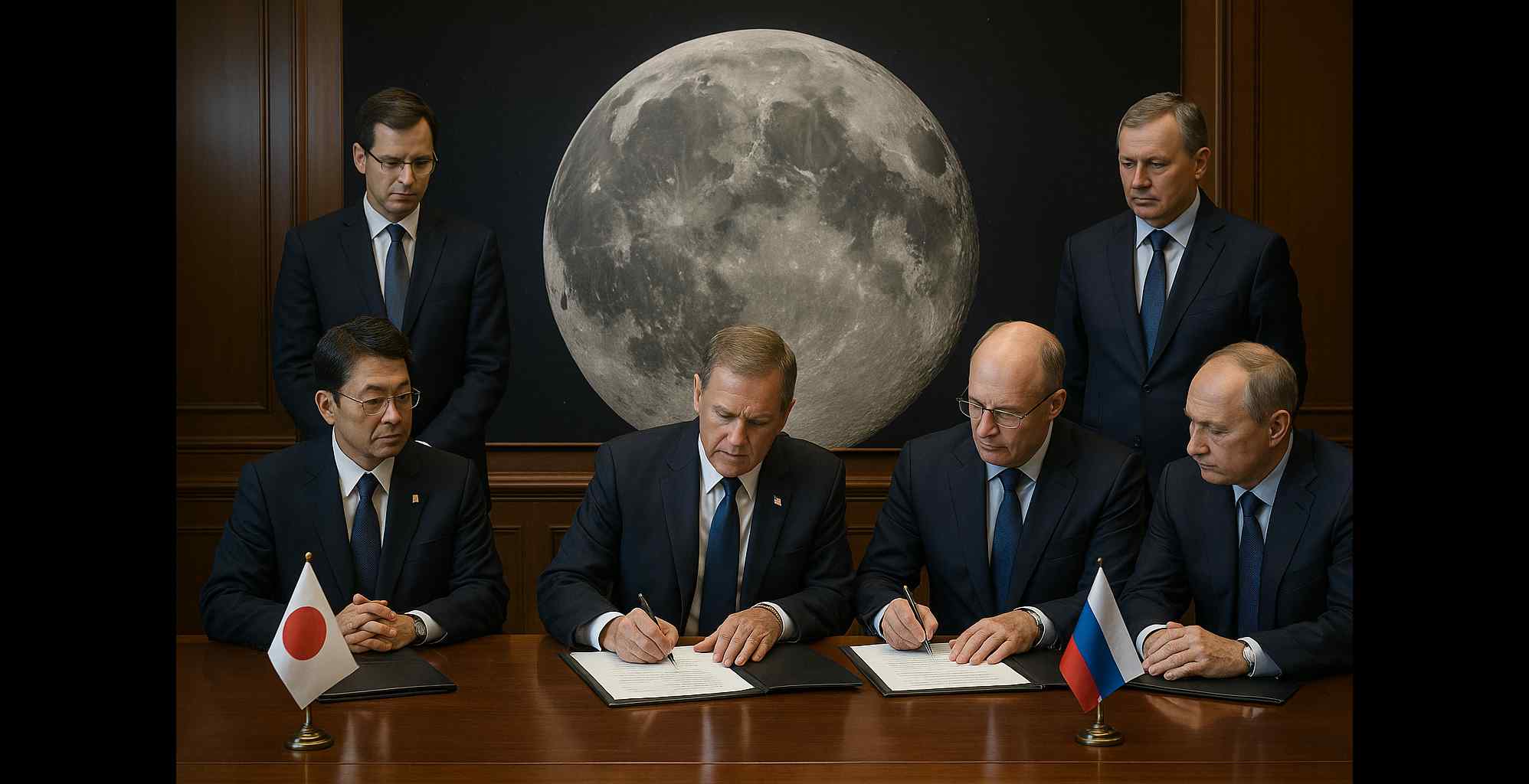 A creative concept depicting US, Russia, and China diplomats signing an international space agreement.