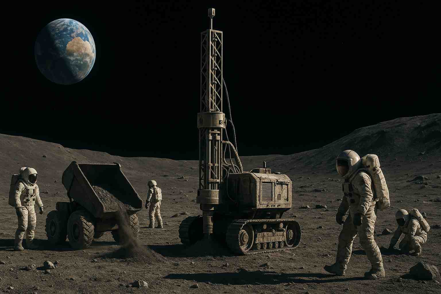 astrounauts on the Moon next to mining equipment drill