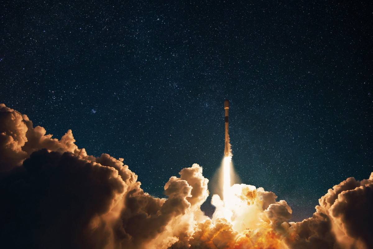 A rocket launching into space