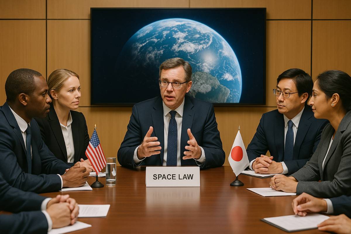 Leaders around a table discussing space law