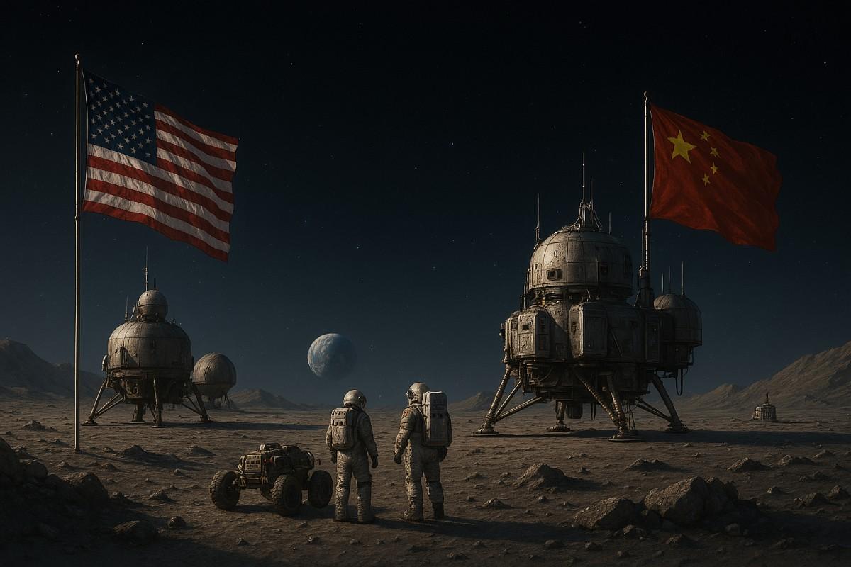 the US and china astronauts on the moon with national flags