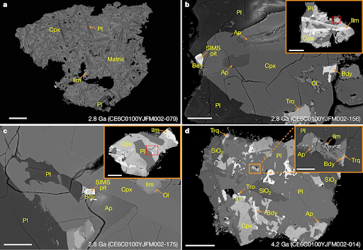 BSE images showing micropetrographic features of representative dated basalt fragments from Chang’e-6 samples. Source: Zhang, Q.W.L., Yang, M.H., Li, QL. et al. Lunar farside volcanism 2.8 billion years ago from Chang’e-6 basalts. Nature (2024).