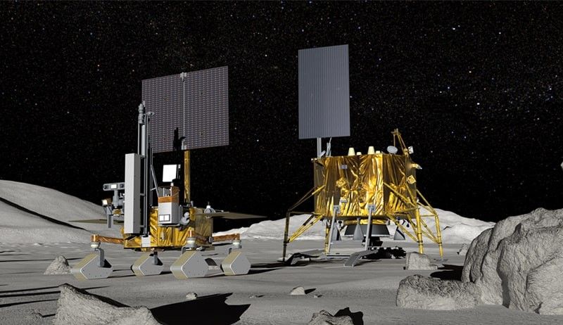 A creative concept of the lander and rover immediately after landing. Image Credit: JAXA