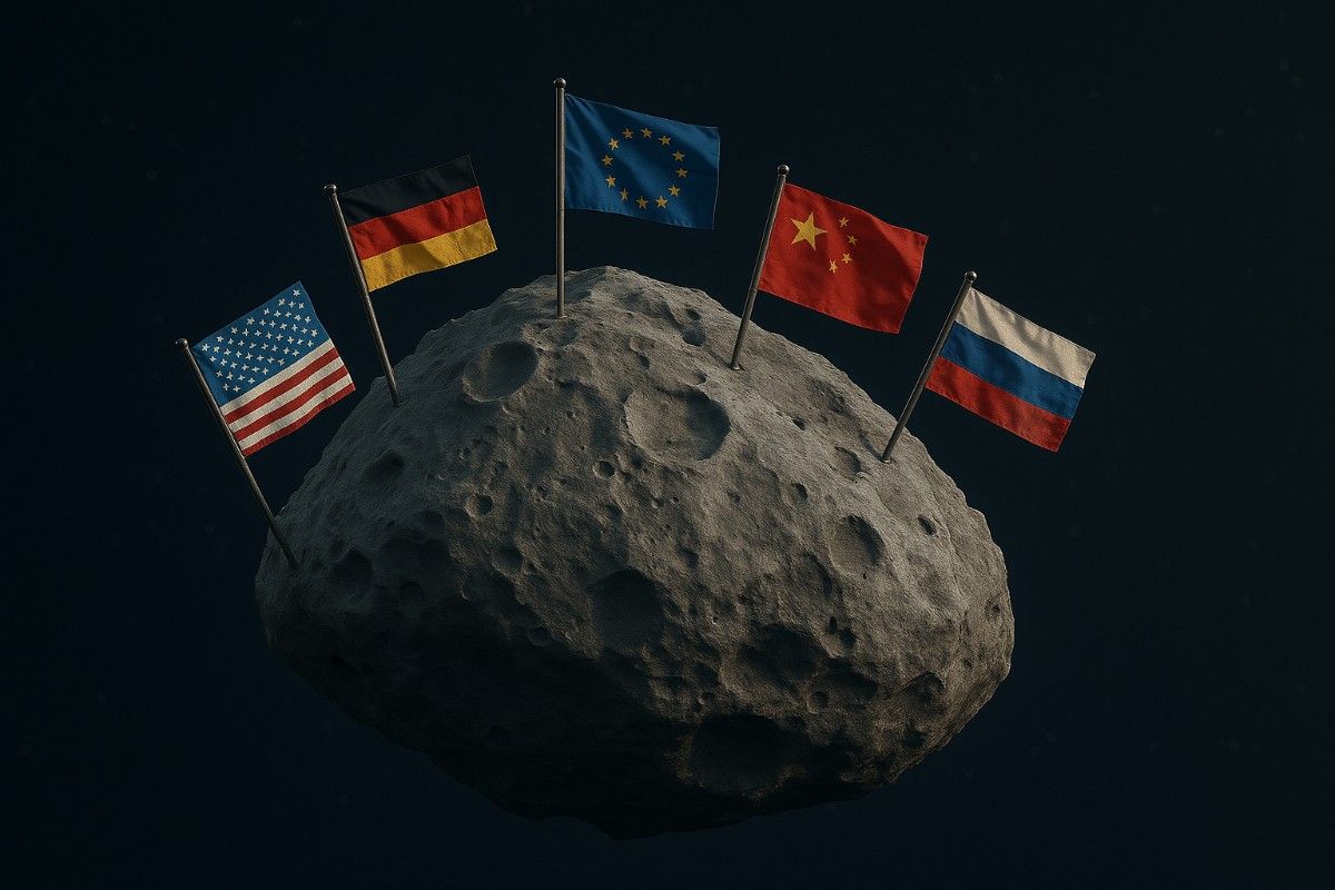 National flags on an asteroid in space concept