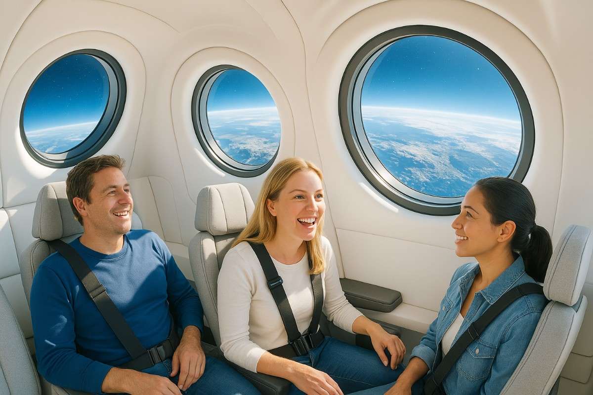 Commercial space flight with people on board laughing and enjoying in a spacecraft