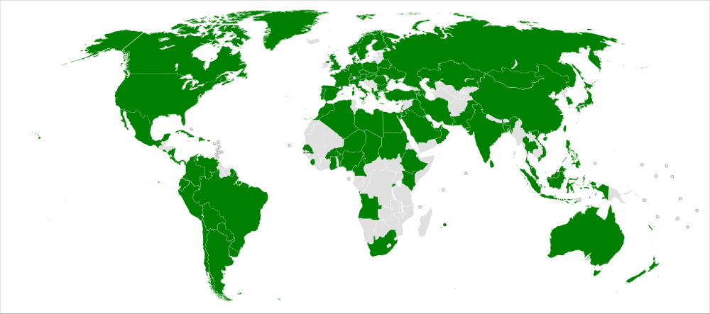 Green countries on this world map are COPUOS member states (as of 2021), illustrating the broad participation across all regions.