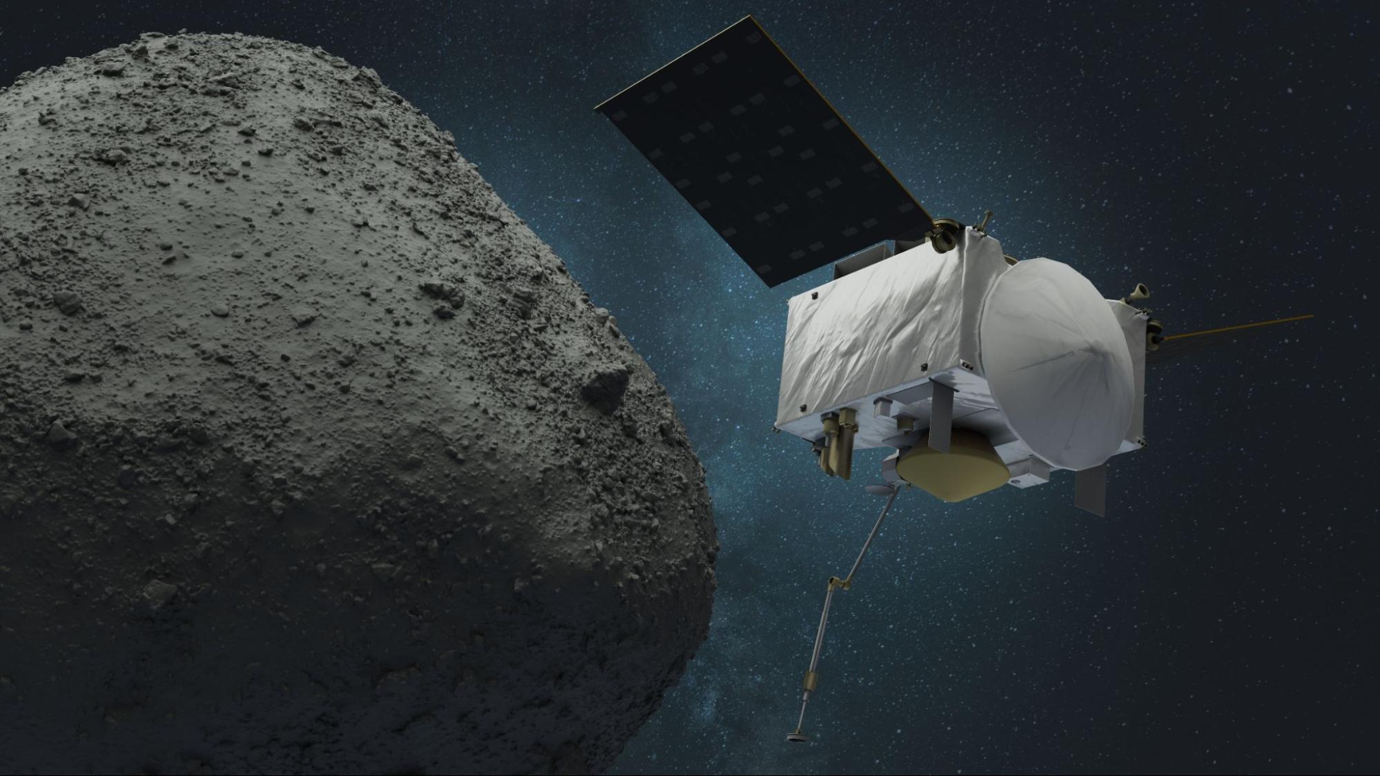  A white spacecraft reaches toward a rocky asteroid as stars highlight the precision of the encounter.