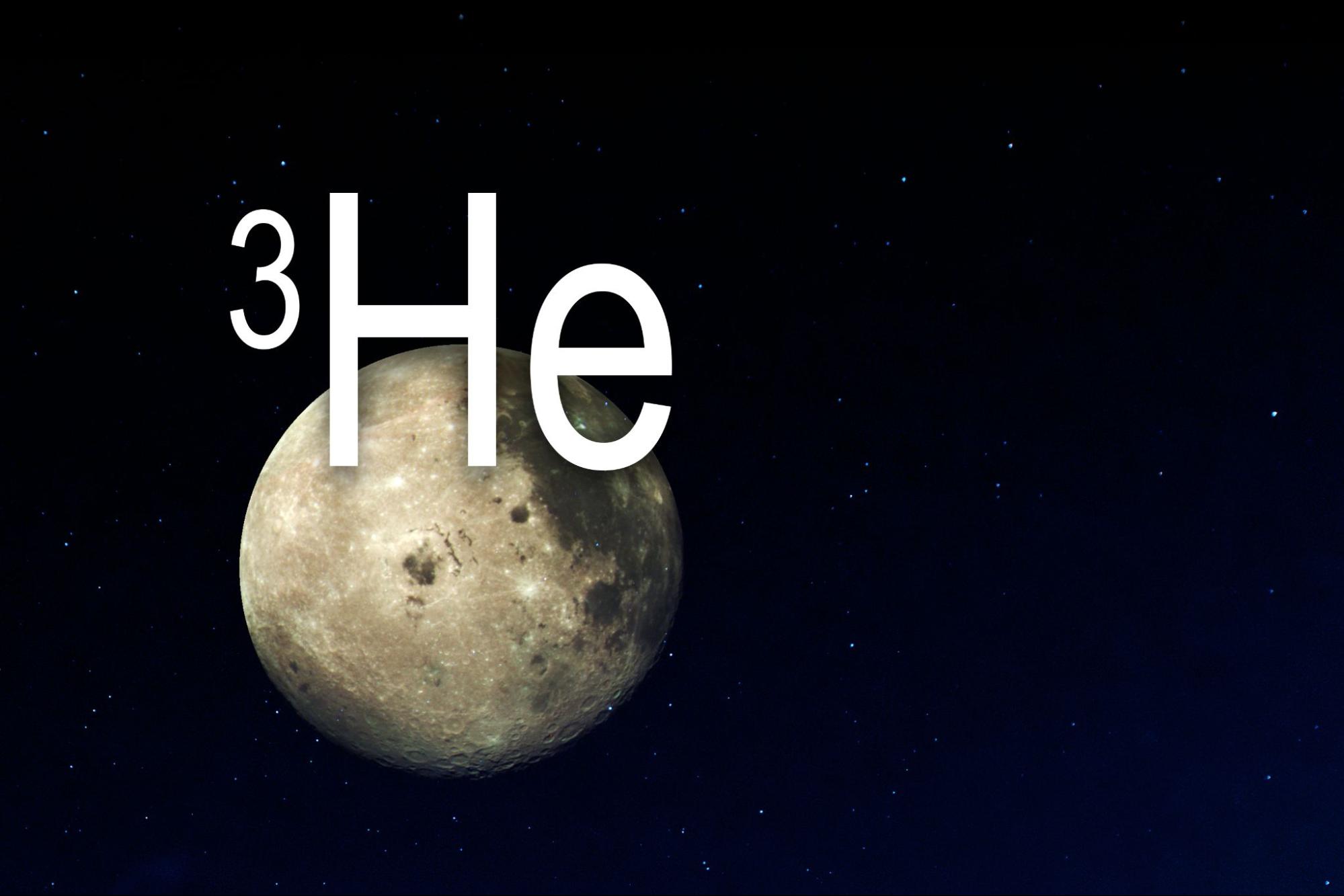 A full moon against a starry night sky with the text "³He" prominently displayed. 