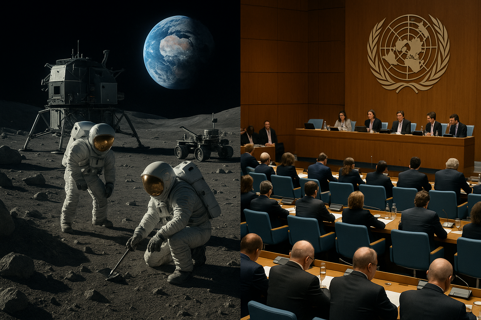 Astronauts collecting samples on the Moon; UN conference in session with delegates and speakers.