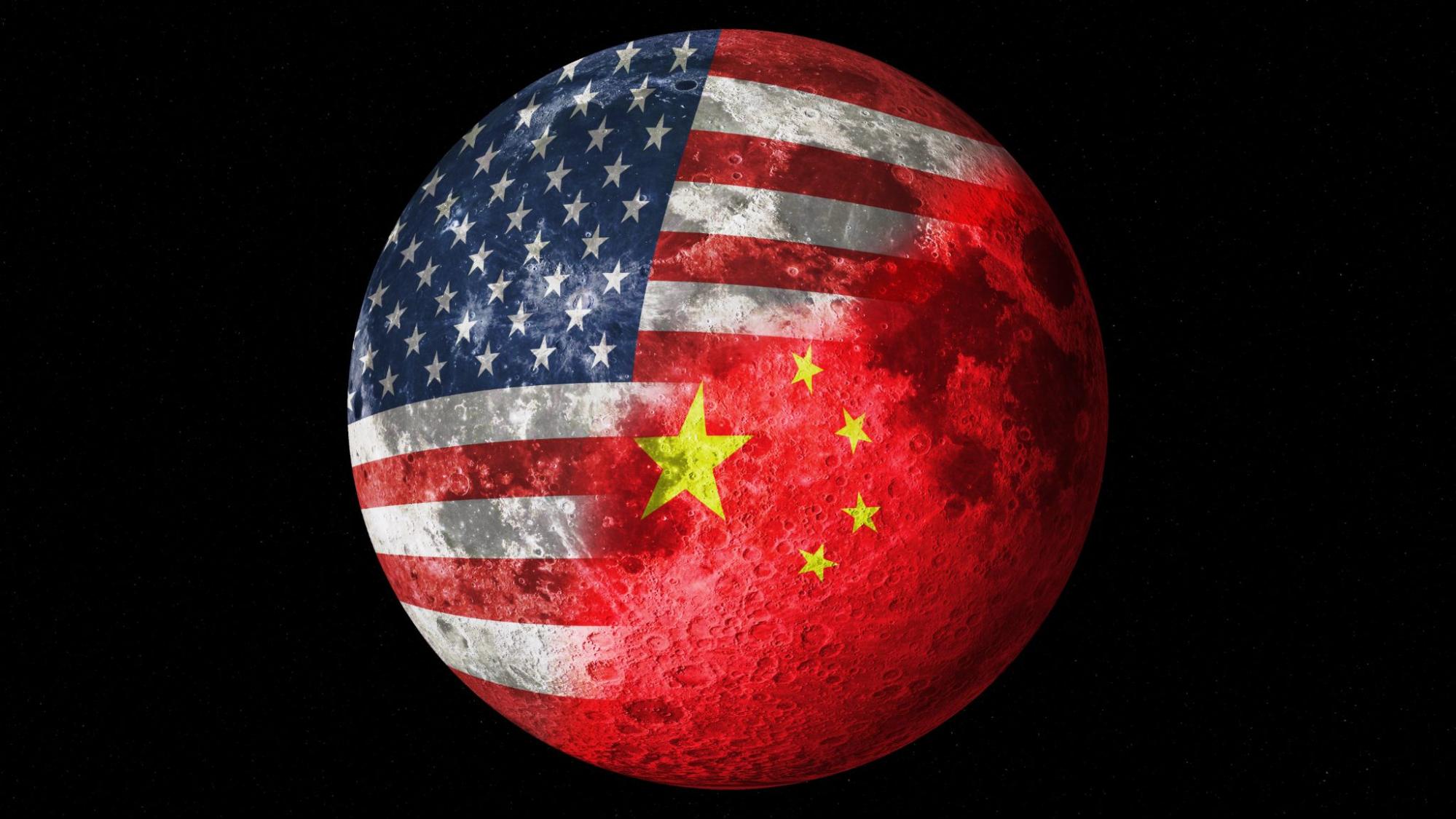 Moon split with U.S. and China flags, symbolizing space rivalry.