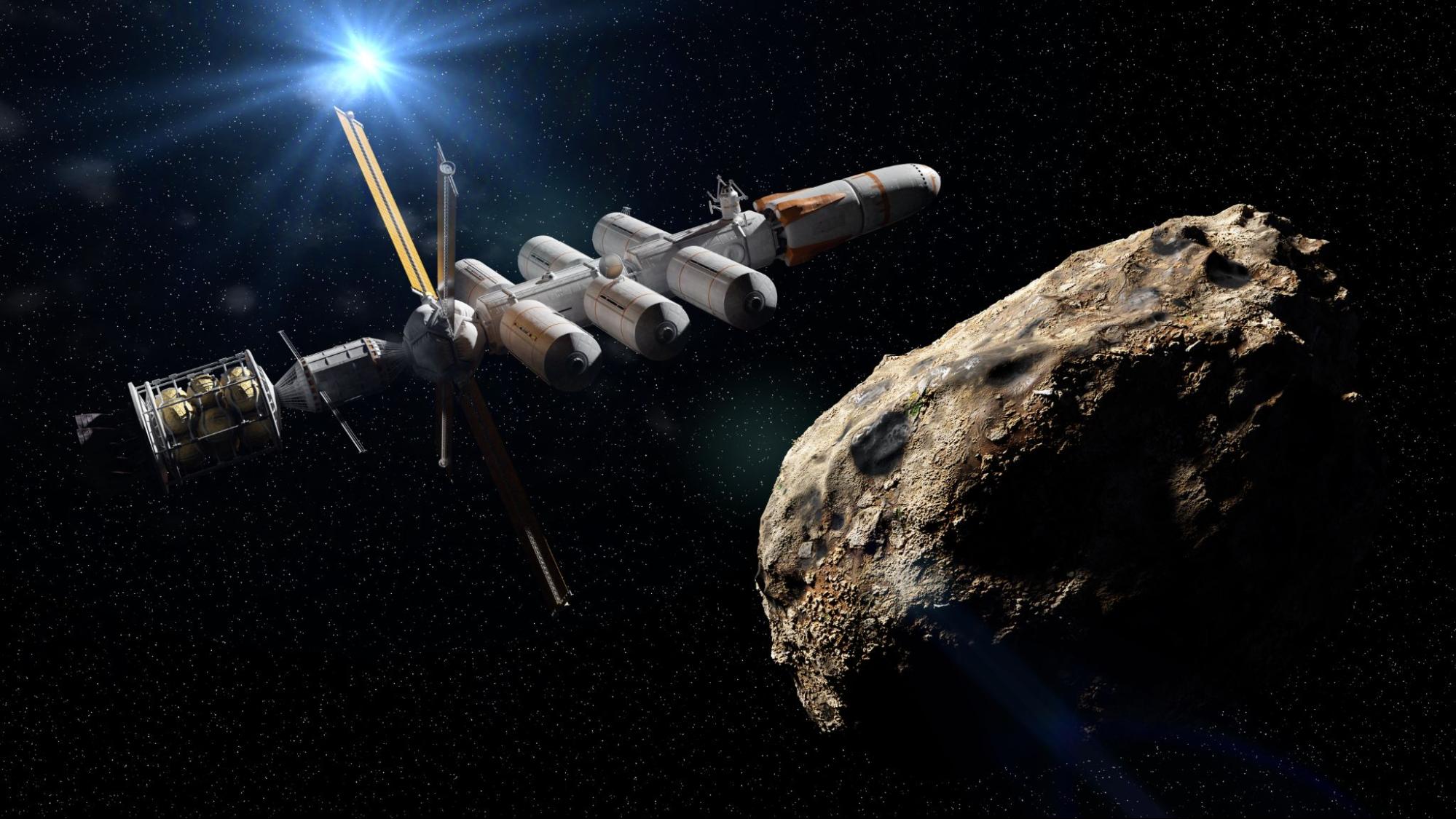 A modular spacecraft nears a rugged asteroid, lit by a starburst against a sky full of stars.