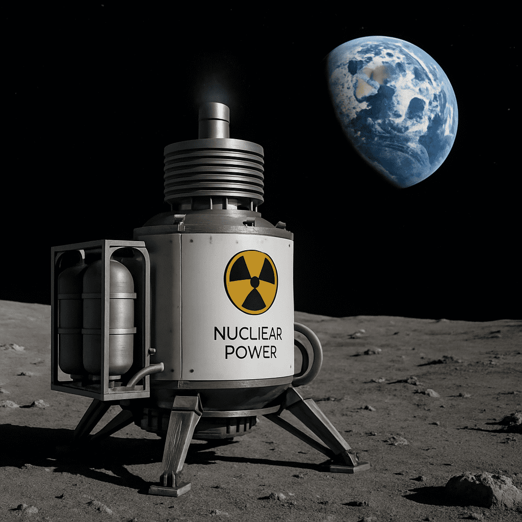 Nuclear power unit on moon-like surface with Earth in distance.