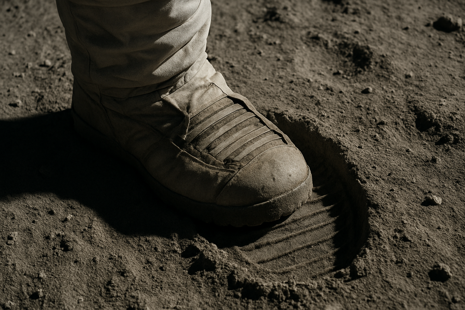 Astronaut boot stepping into moon dust, leaving imprint.