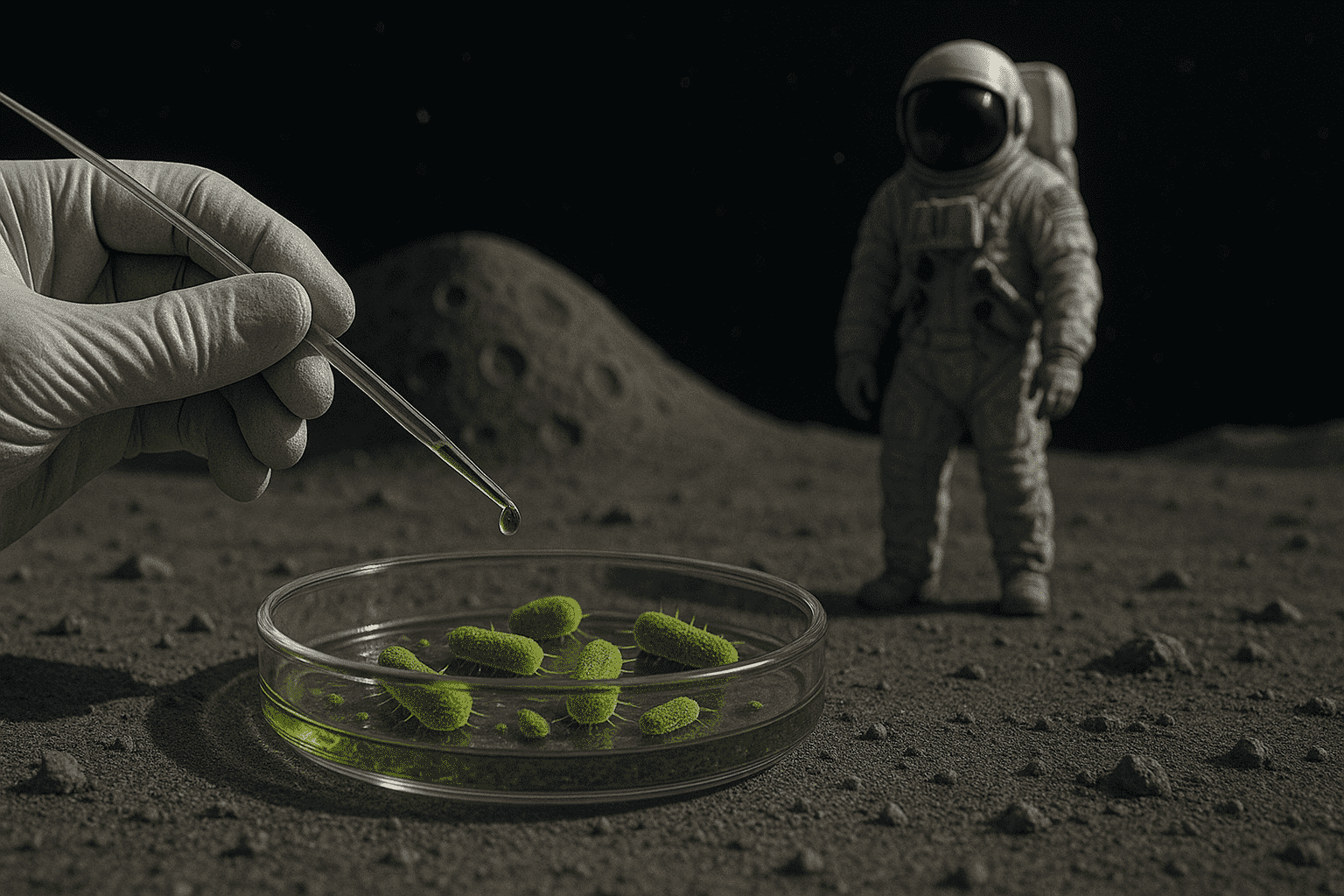 Gloved hand pipettes petri dish with green microbes on moon-like surface near astronaut