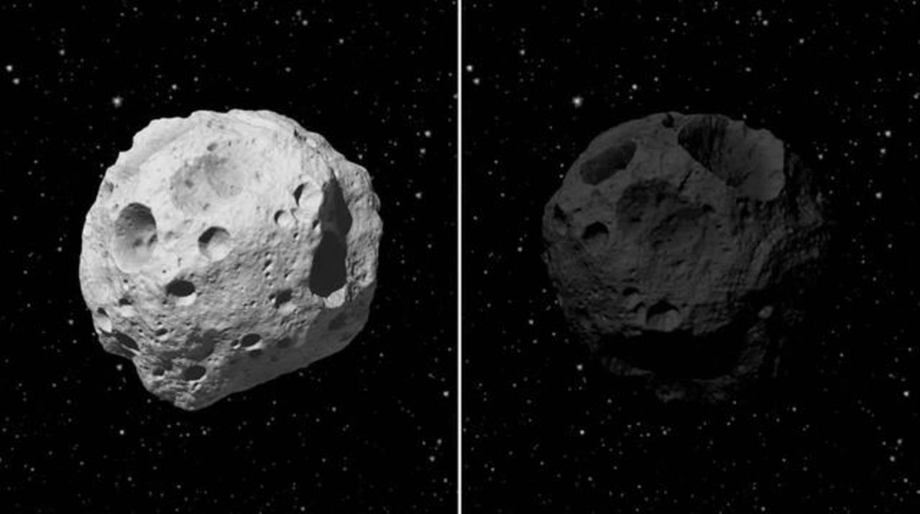 Two images of cratered asteroid with shadowed surface against starry space; left brighter than right.